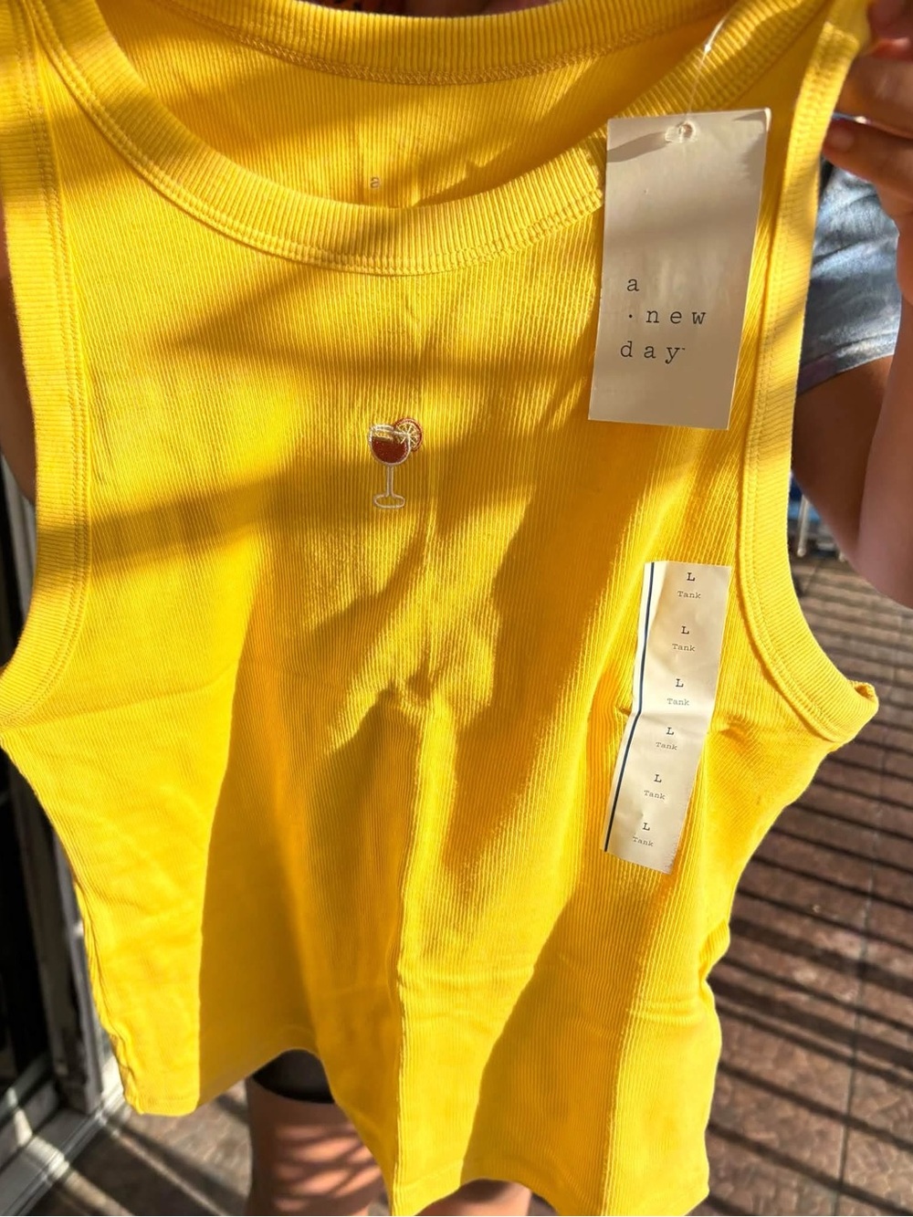 a new day Yellow Ribbed Tank Top with Cocktail Patch